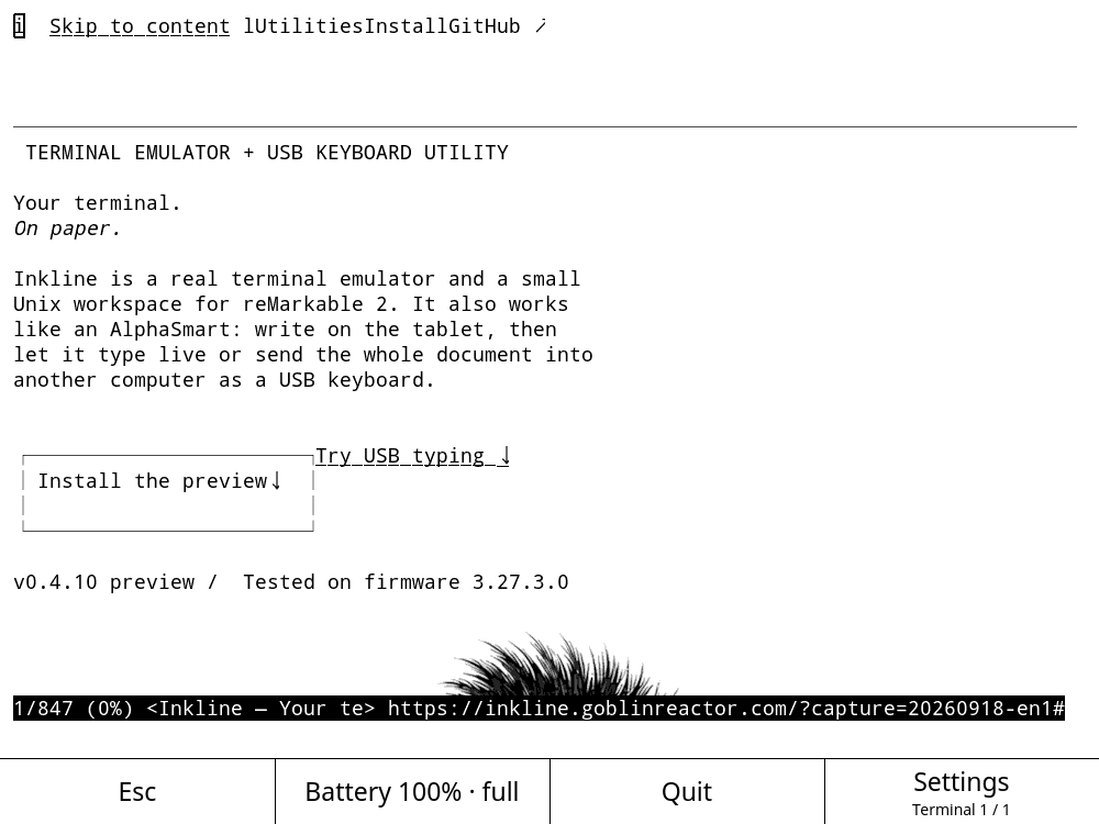 Chawan web browser displaying the Inkline website inside the terminal