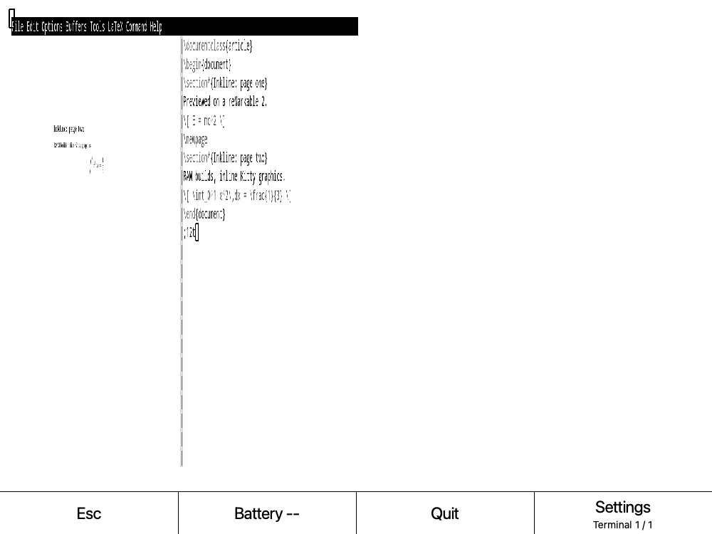 Emacs showing LaTeX source beside a PDF preview delivered through Kitty graphics