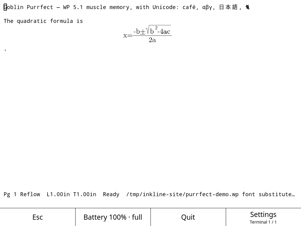 Goblin Purrfect showing Unicode text and a formula through Kitty graphics in Inkline