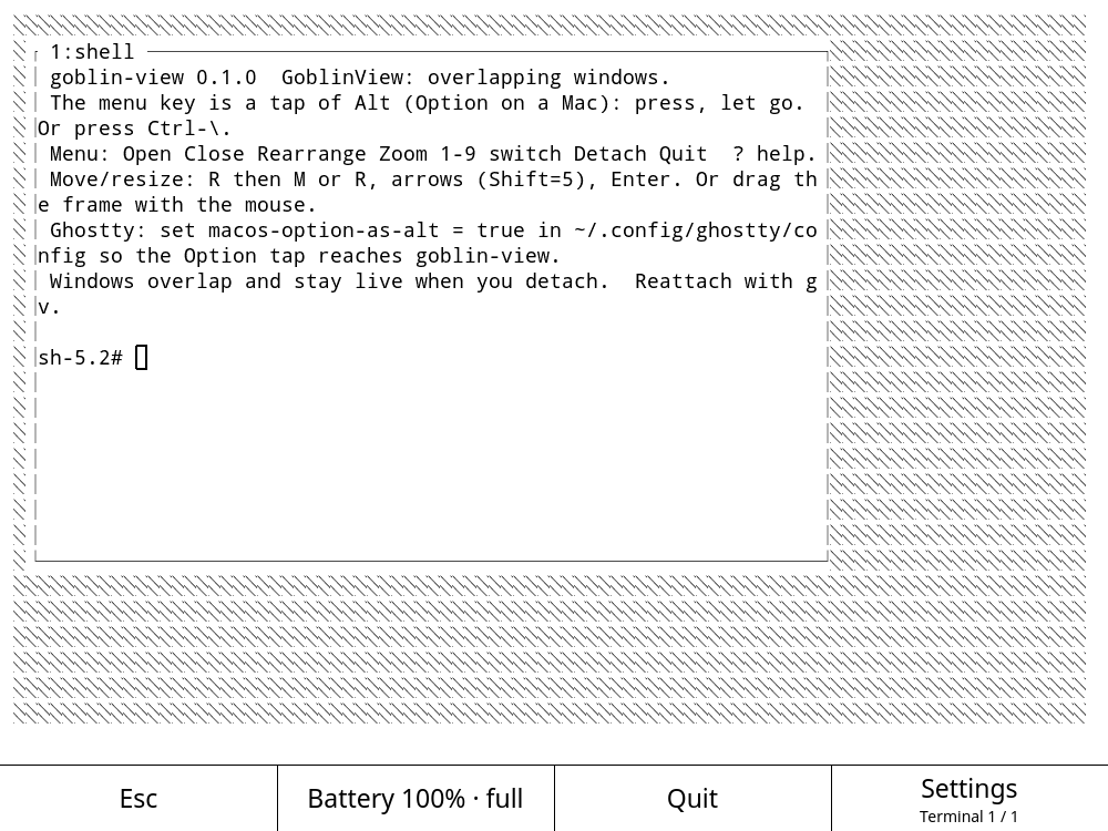 GoblinView overlapping monochrome terminal windows in Inkline