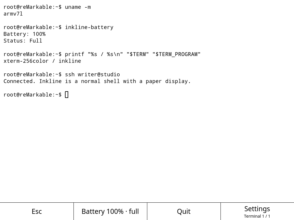 Inkline 0.4.10 terminal running on reMarkable 2