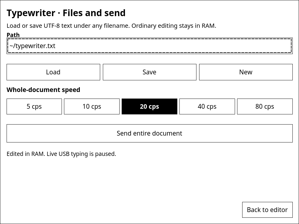 Inkline Typewriter file and whole-document send controls