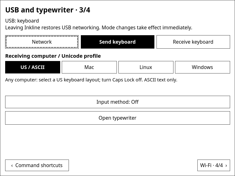 Inkline USB settings with Send keyboard selected